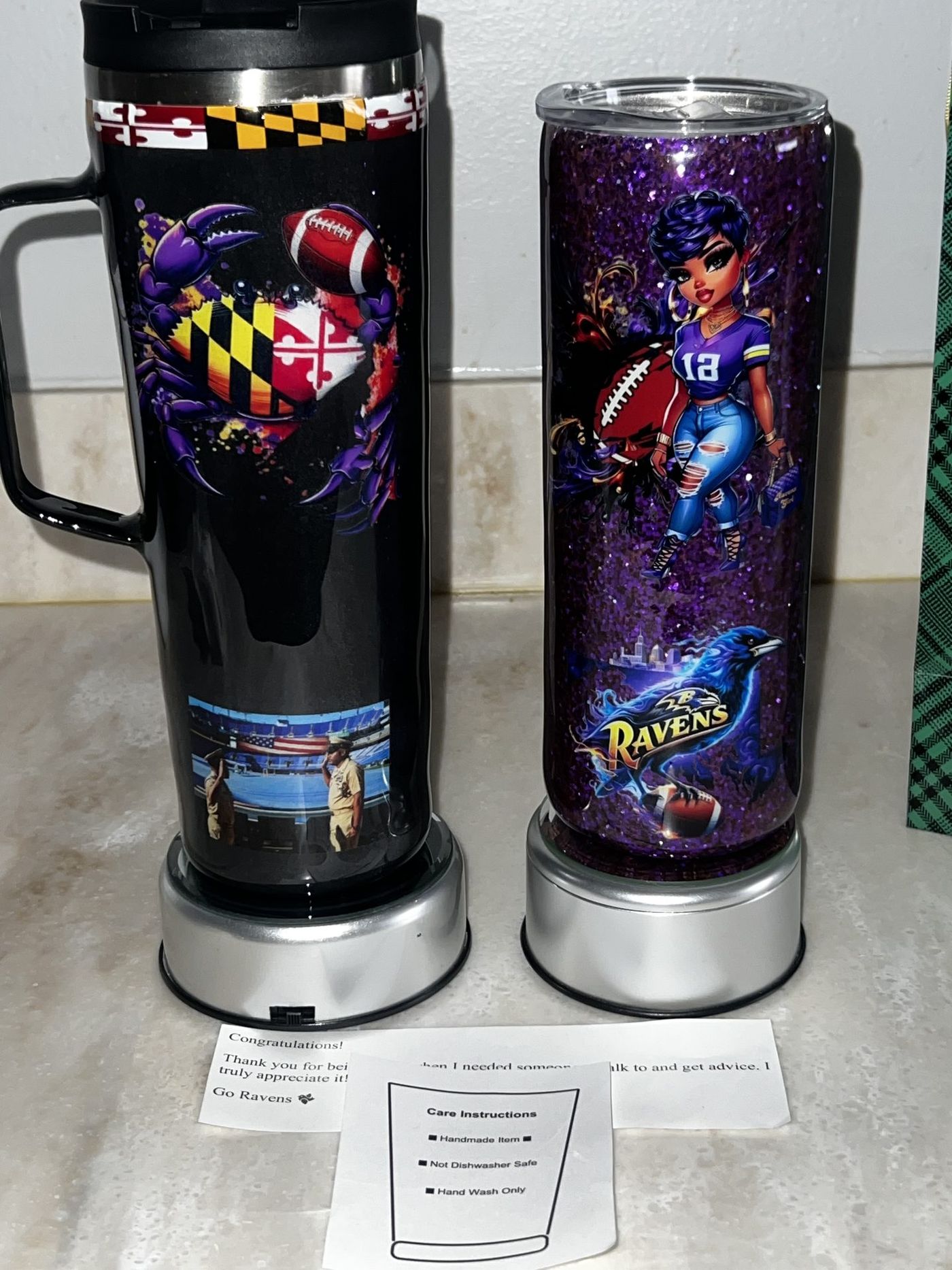 Custom Baltimore Ravens tumblers with Maryland flag artwork