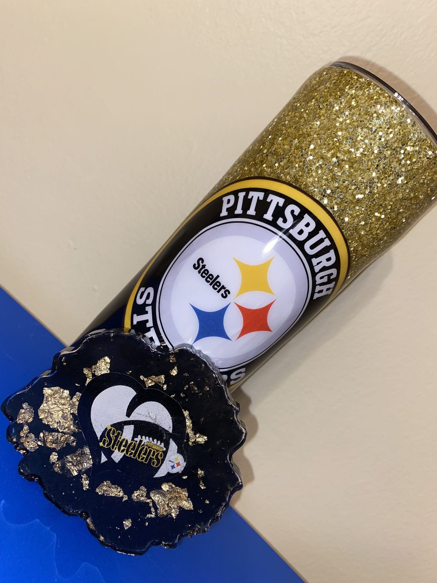 Custom Pittsburgh Steelers glitter tumbler with matching coaster