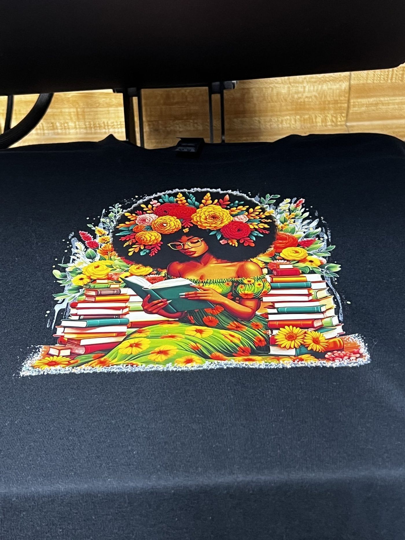 Custom black shirt with Black queen afro floral artwork and book design